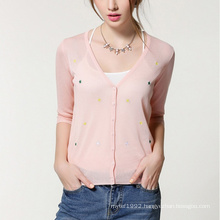 Latest air-condition wear women autumn sweater pink button down silk cardigan